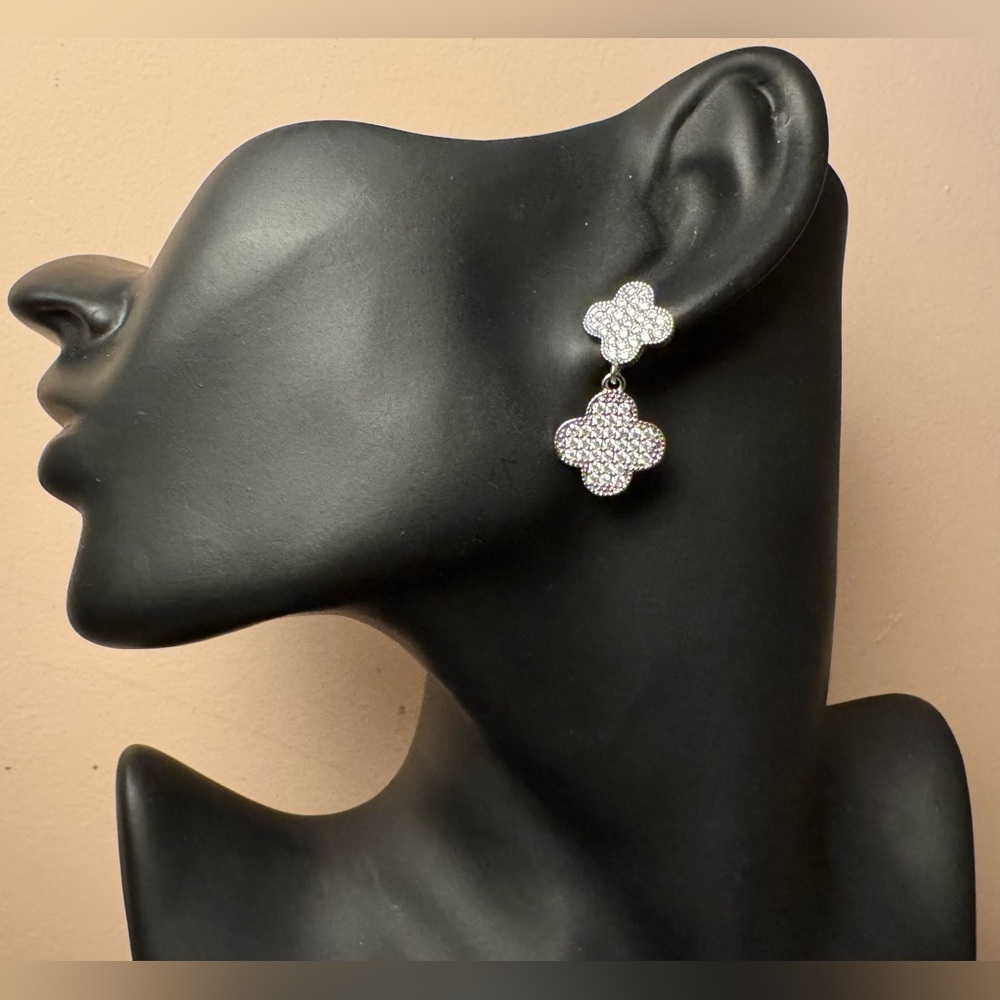 Silver Pave CZ Clover Drop Earrings